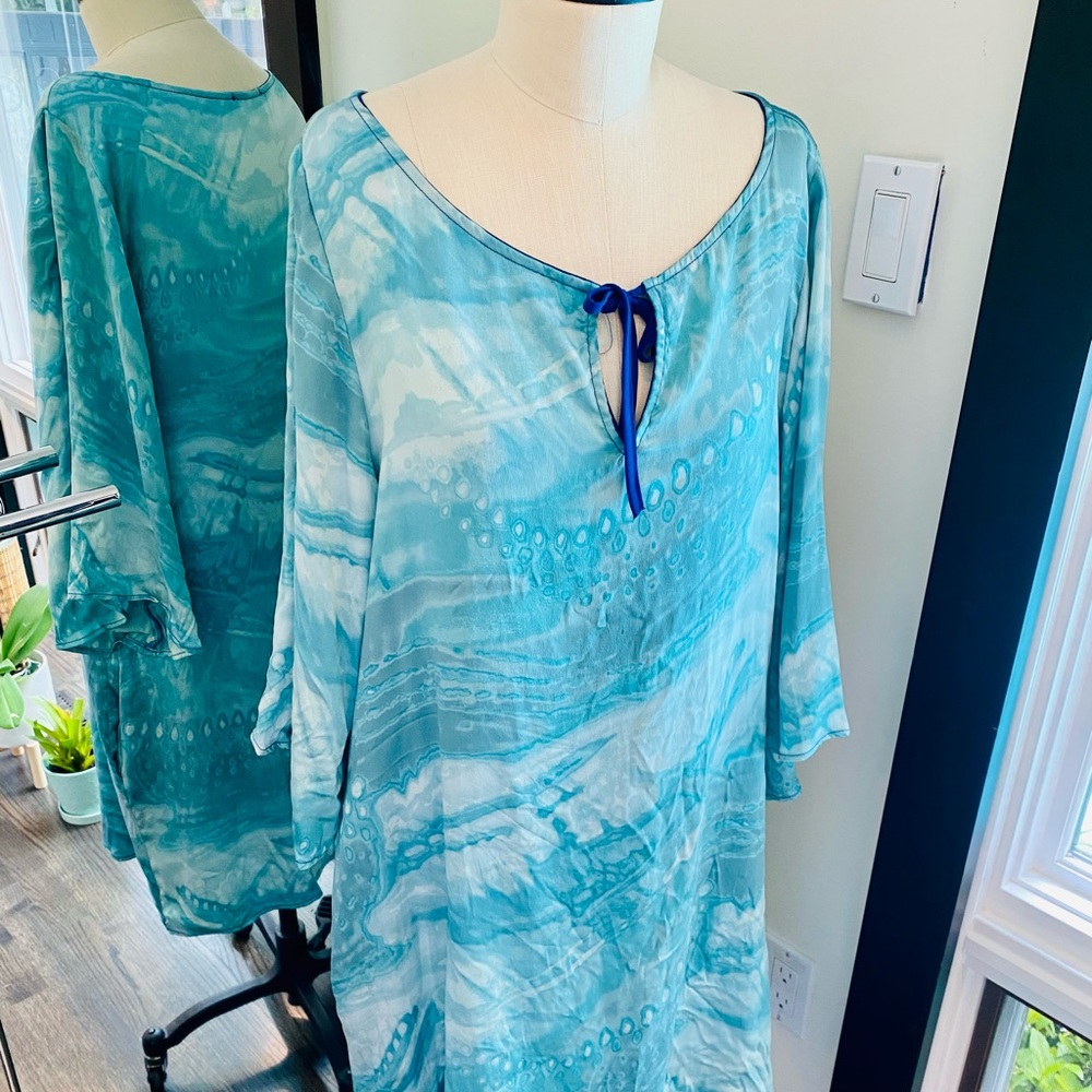 NWT Hale Bob Blue Silk Caftan Tunic L